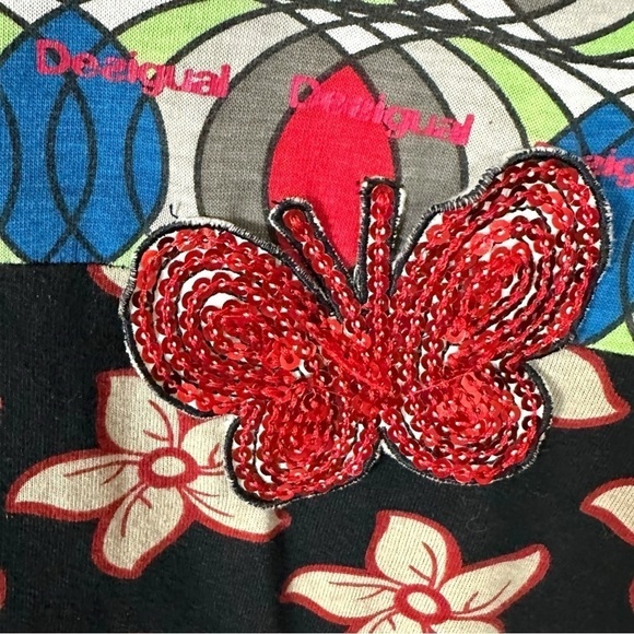 Desigual A Line Dress XS Vintage Y2K Patchwork Sequin Butterfly Plunge V Neck - Picture 7 of 14